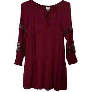 Old Navy Dress Burgundy Tunic Ruffle Tiered Pheasant Front Tie Size PS